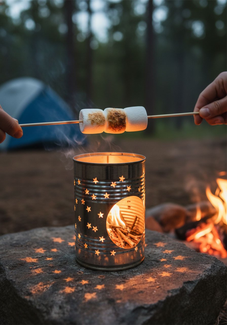 DIY tin can marshmallow roaster with decorative holes and twigs burning inside for camping