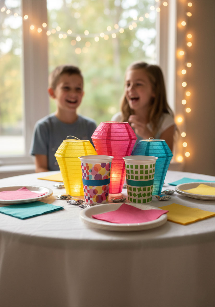 Colorful glowing tissue paper lanterns arranged as festive party centerpiece decorations on table with party supplies