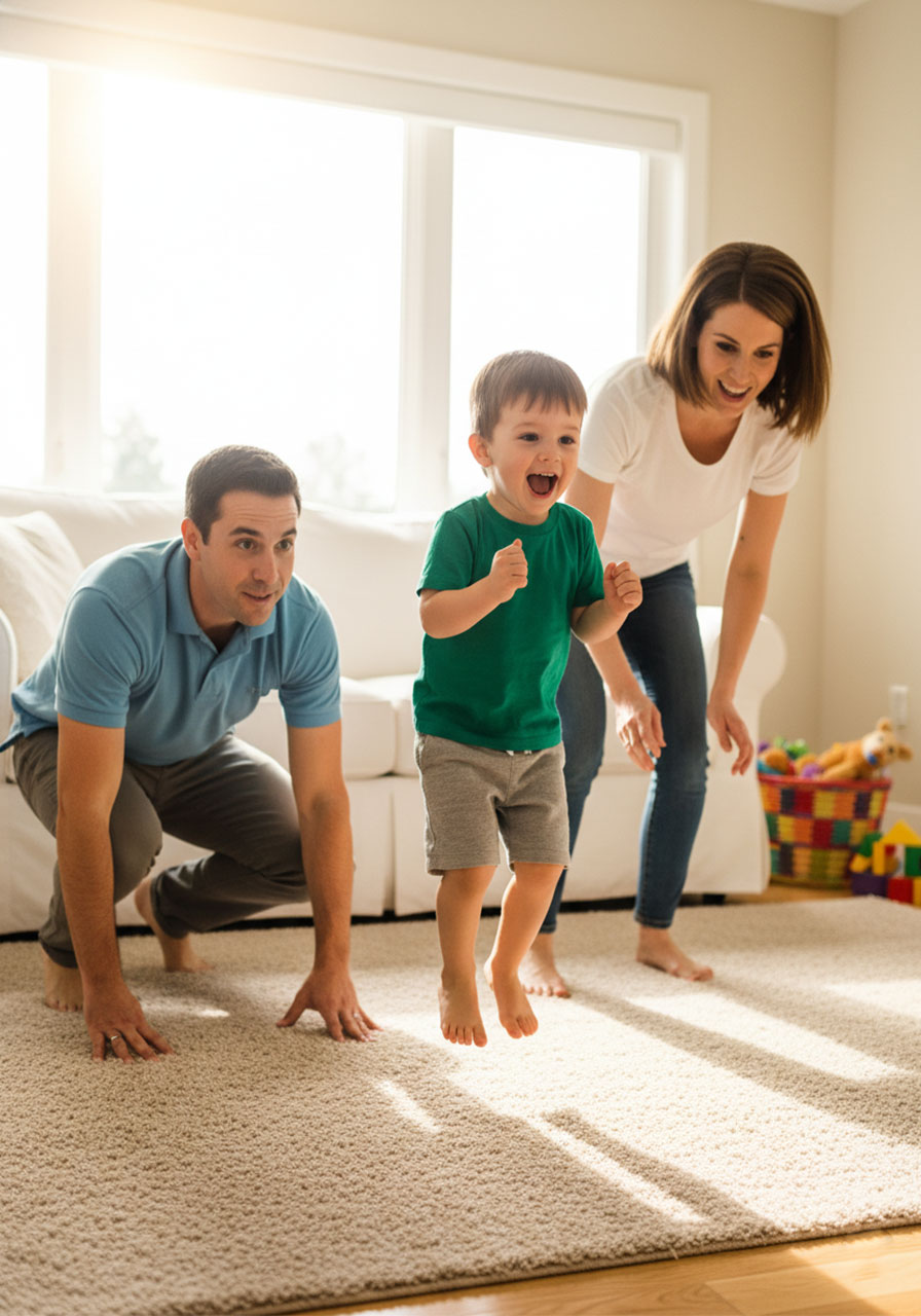 Toddler boy and parents acting out animal movements during animal action game hopping like bunnies in living room