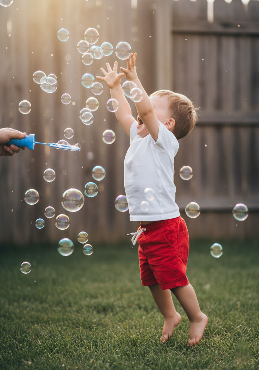 Toddler boy jumping to pop floating bubbles in backyard during bubble pop game on sunny day