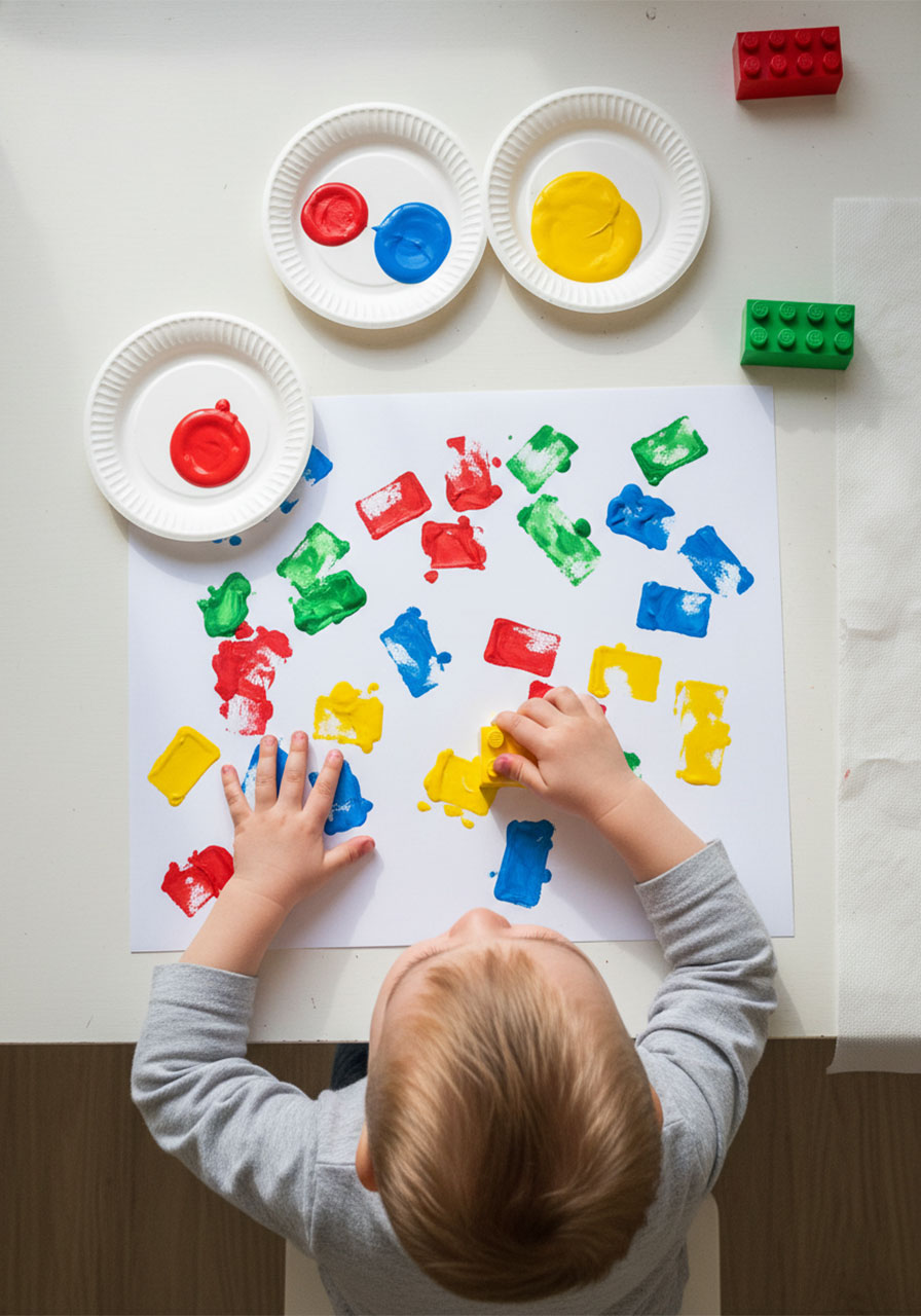 Two-year-old actively stamping colorful Duplo blocks onto paper creating unique process art painting with red, blue, yellow and green paint