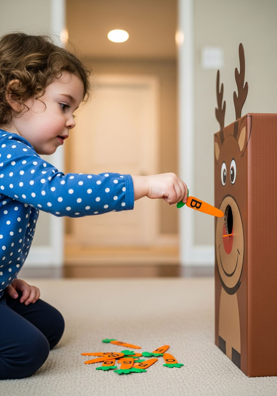 Toddler girl feeding letter B carrot into cardboard reindeer's mouth during Feed the Reindeer literacy game for Christmas learning