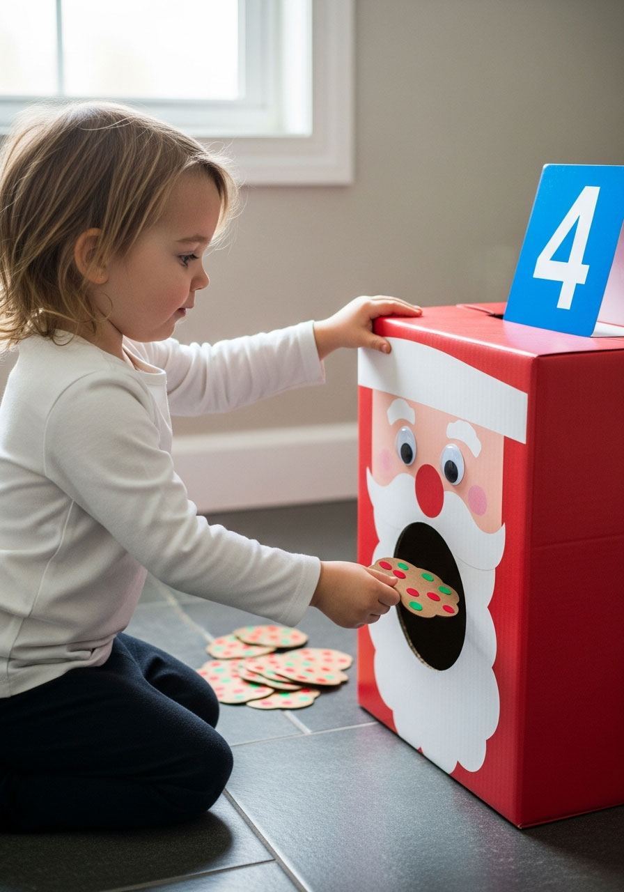 Toddler girl feeding colorful paper cookies through cardboard Santa's mouth during counting game activity