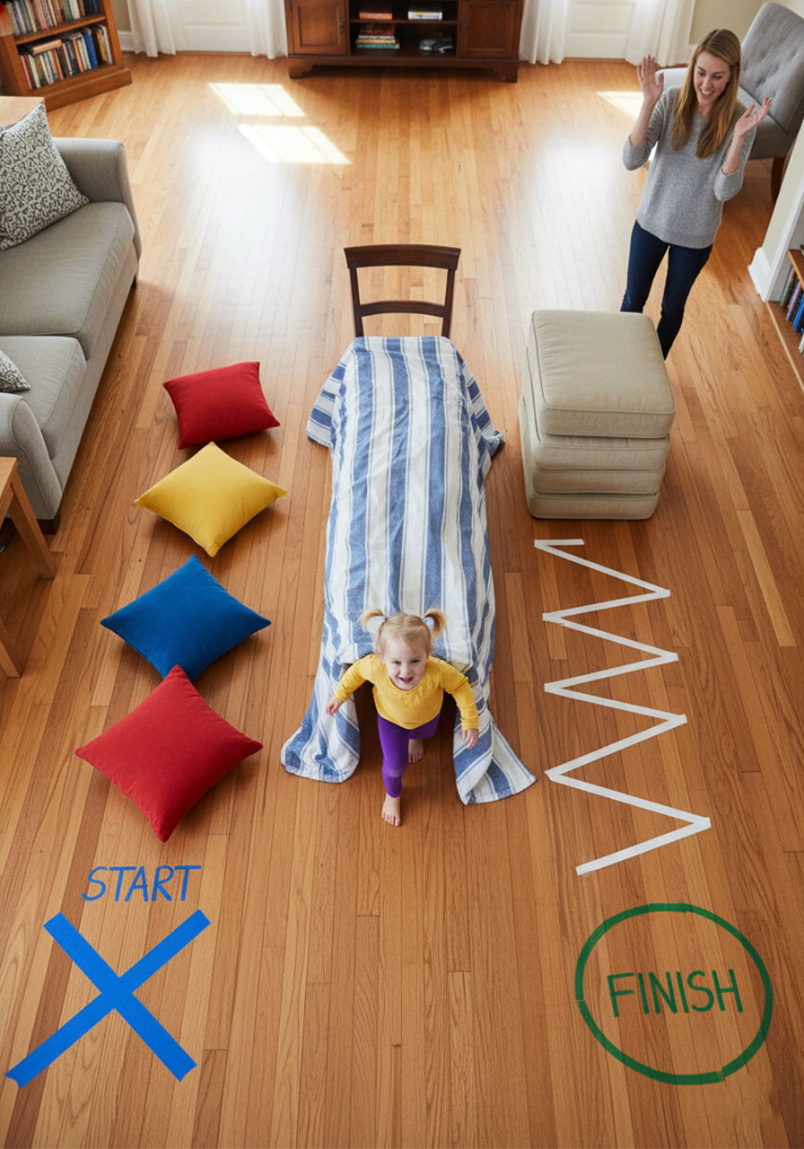 Complete indoor obstacle course for toddlers showing pillows tunnel and tape path with child crawling through homemade course