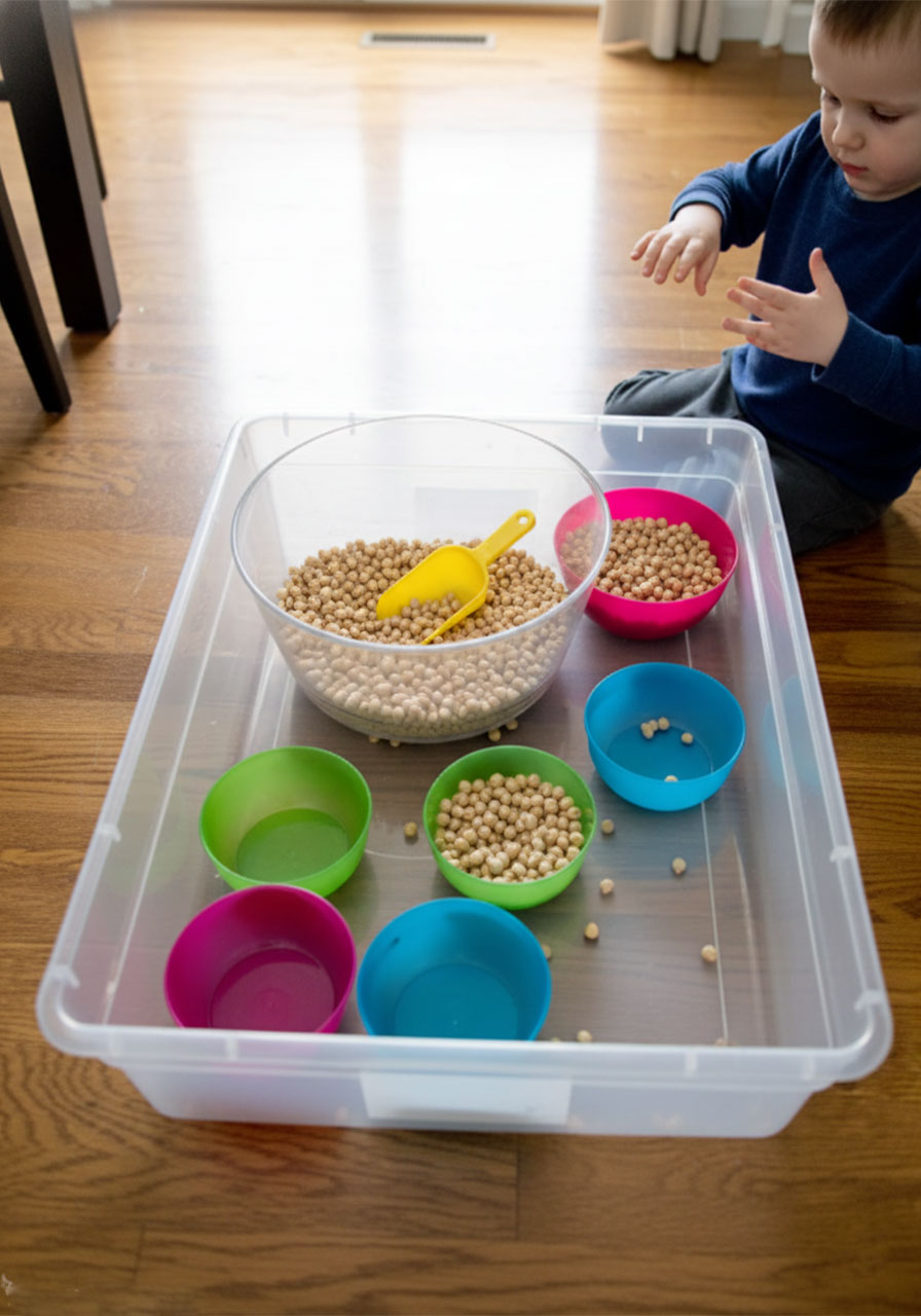 Toddler scooping activity in progress showing garbanzo beans transferred into multiple colorful bowls at different fill levels