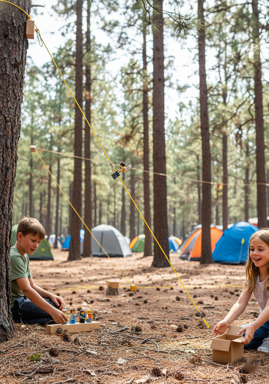 LEGO figures riding DIY zip line between trees with children operating camping adventure activity