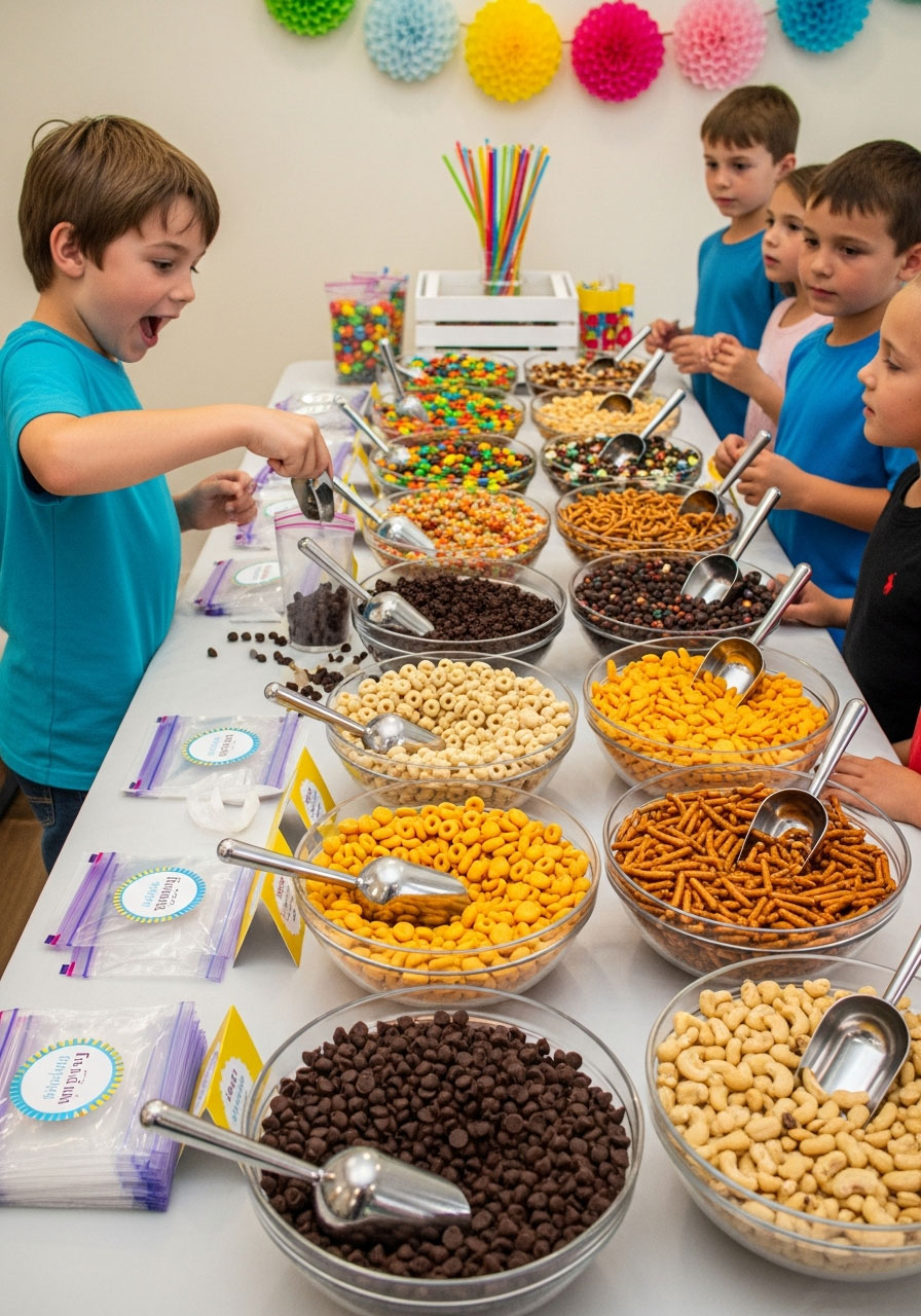Kids creating custom trail mix at DIY trail mix bar party favor station with multiple options