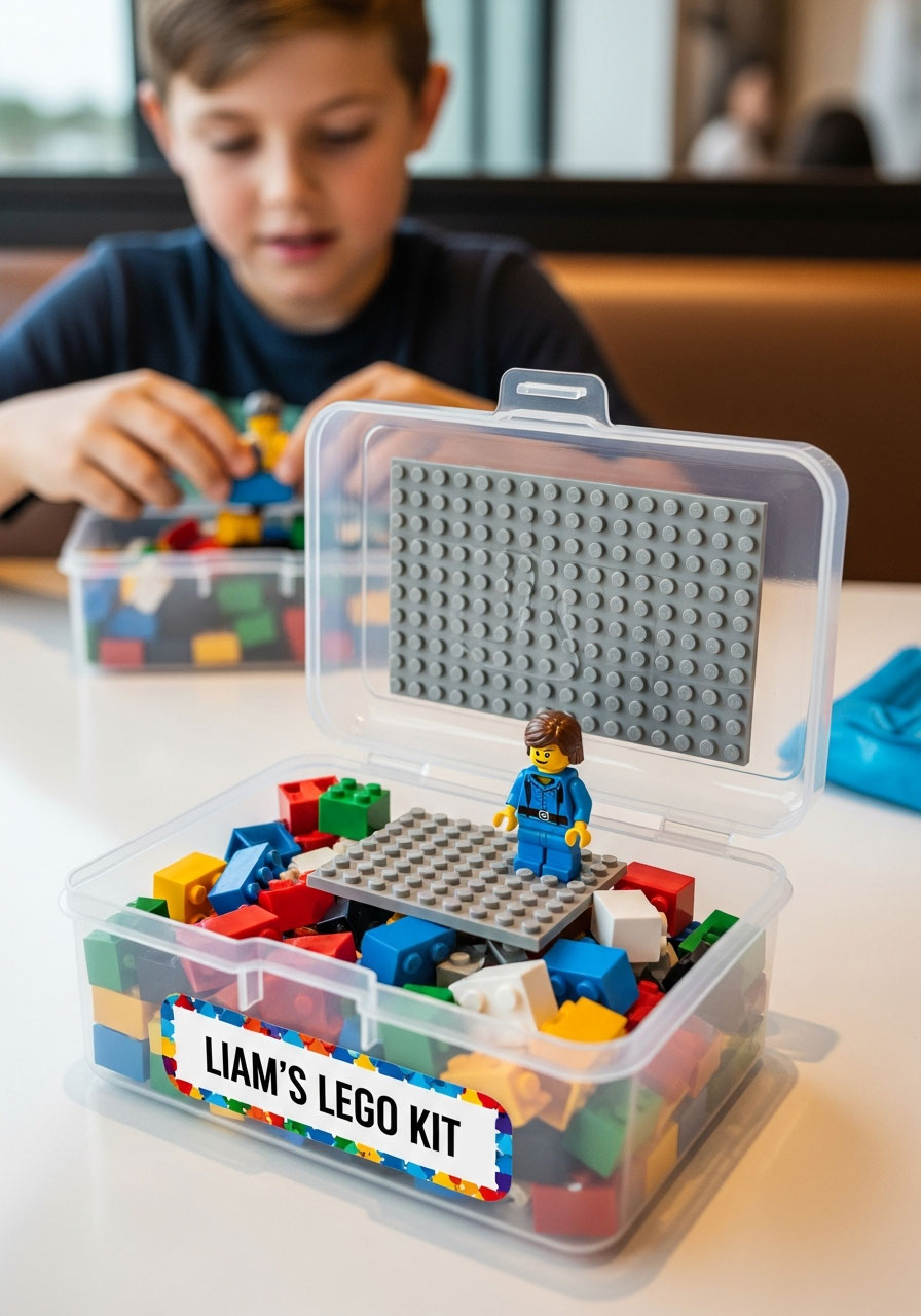 DIY travel LEGO kit party favor with base plate and bricks in portable storage container