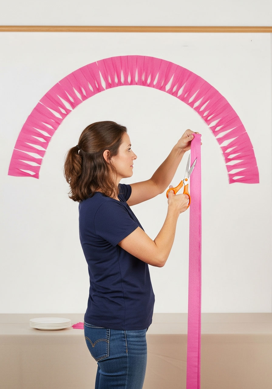 Woman trimming crepe paper streamers with scissors to create curved arc shape for party backdrop