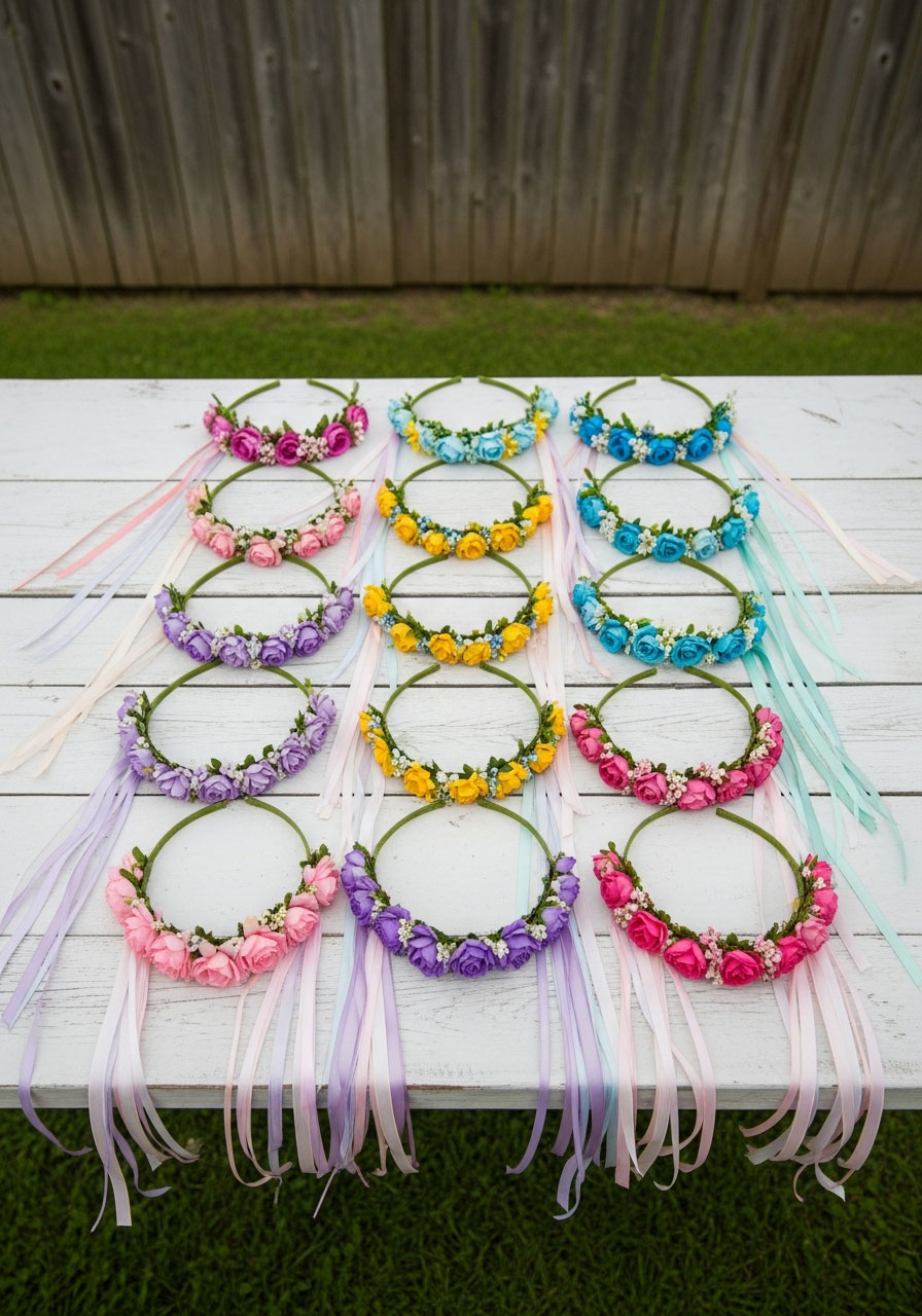 Twelve handmade woodland fairy crowns with unique flower decorations displayed on table ready for birthday party guests