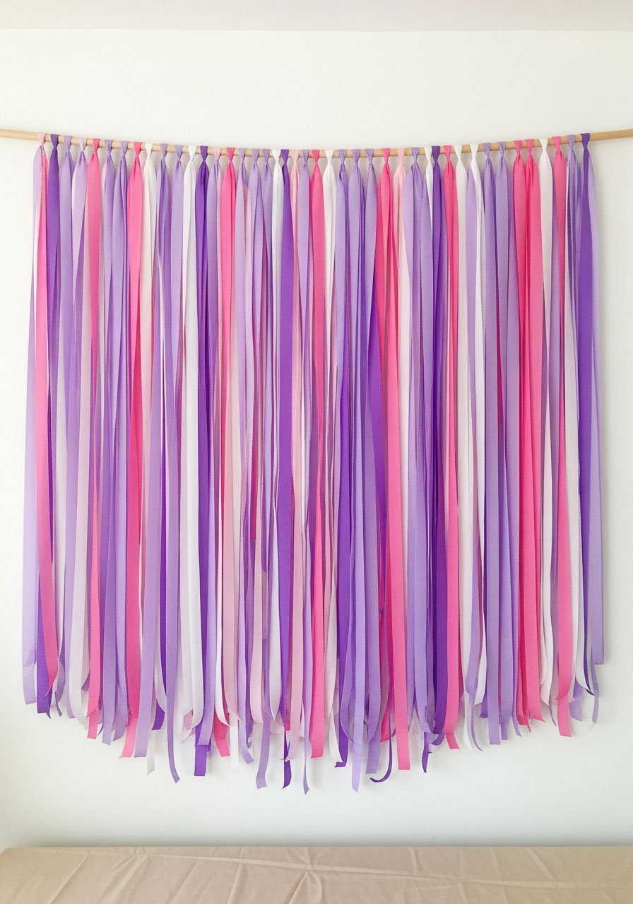 Complete crepe paper streamer backdrop with full coverage before trimming showing all colors looped over rod