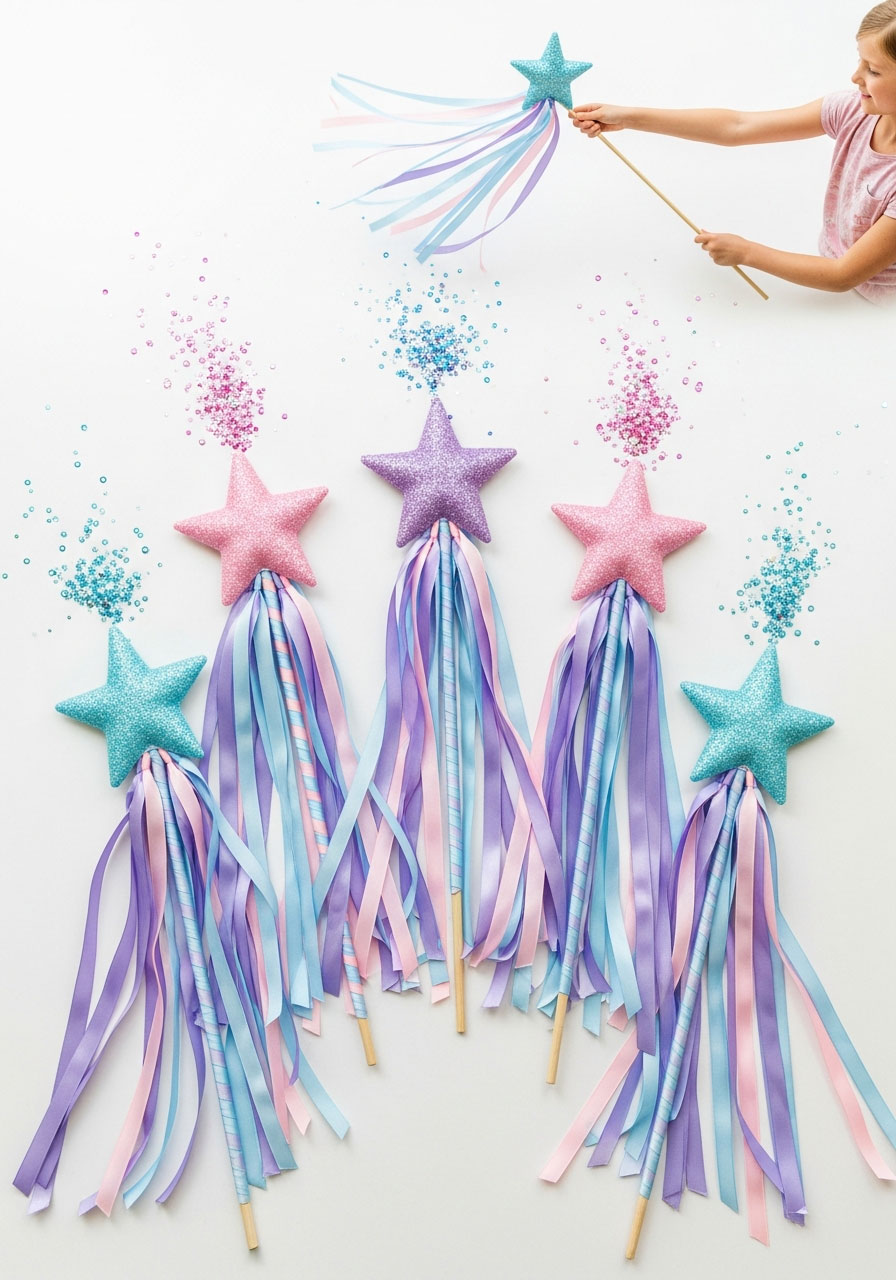 Handmade unicorn fairy wands with glitter stars and ribbons party favors for magical party