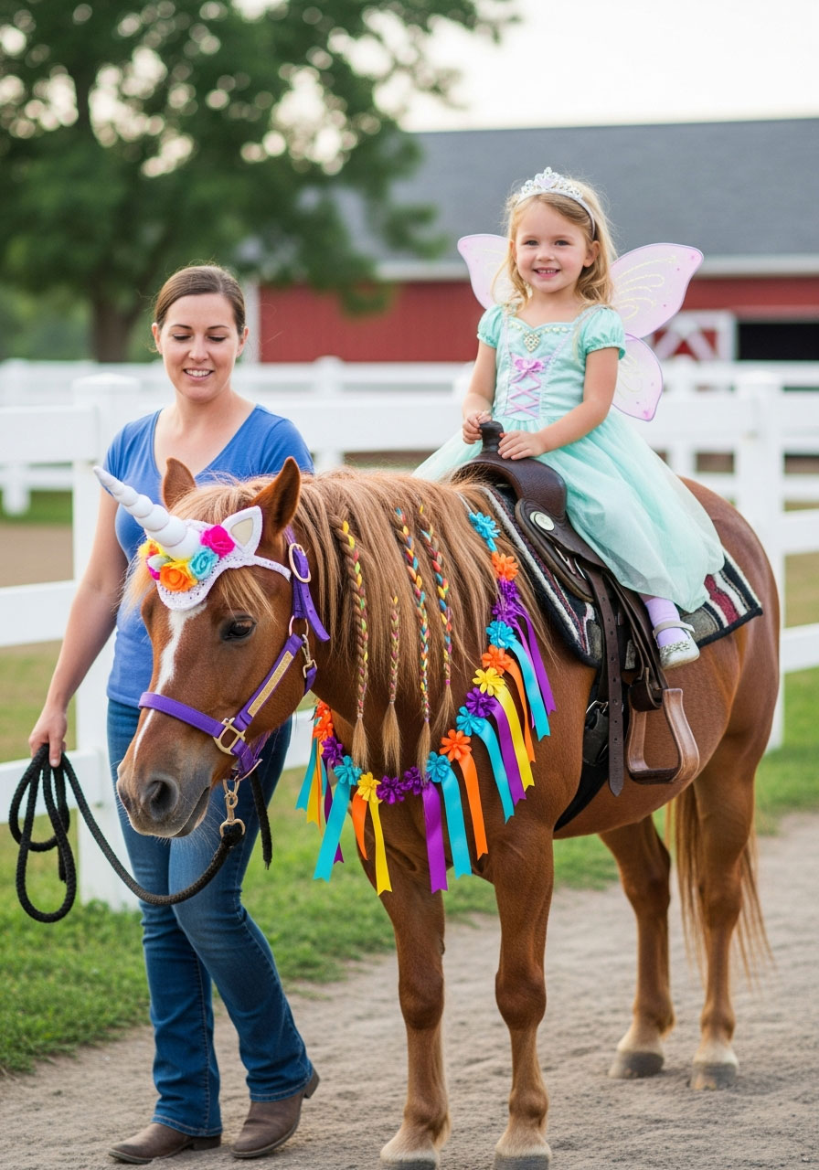 Decorated unicorn pony giving birthday rides to princess-dressed child at homestead farm party