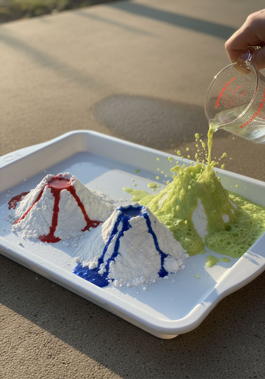 Volcano shaped baking soda mounds erupting with colored vinegar creating lava effect for outdoor science experiment