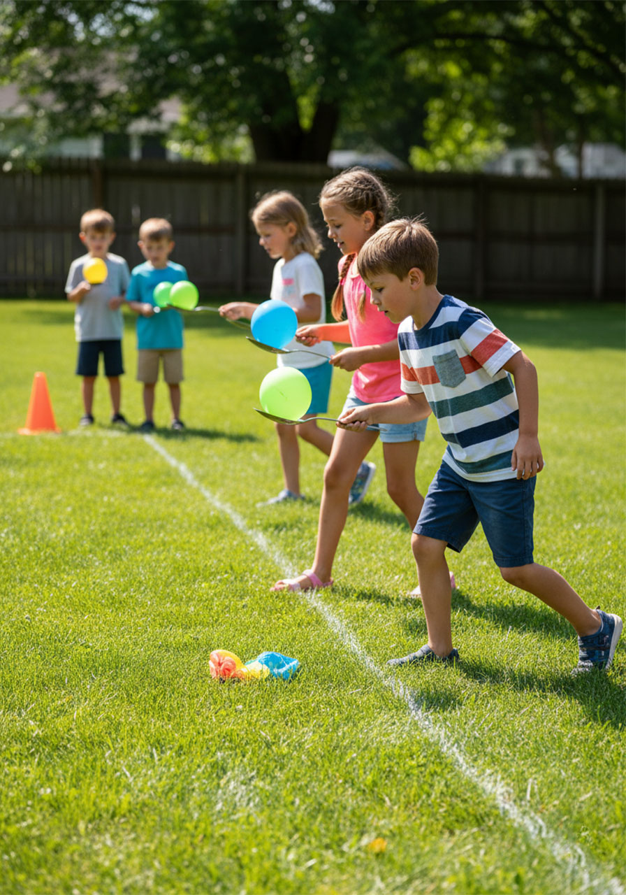 Kids balancing water balloons on spoons racing to finish line in outdoor backyard summer game