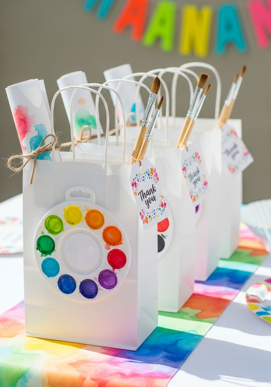 Party favor bags filled with art supplies including paint palettes, brushes, and children's artwork for birthday guests
