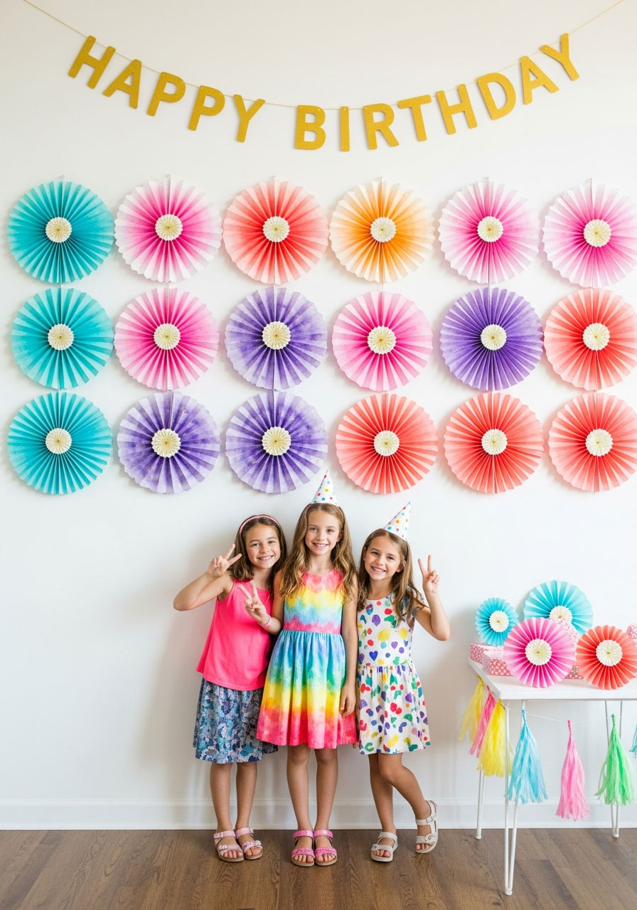 Birthday party photo backdrop wall featuring multiple colorful DIY watercolor paper pinwheels with girls posing in front