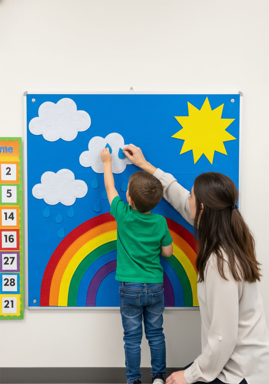 Preschooler placing weather felt pieces on interactive board during circle time calendar discussion