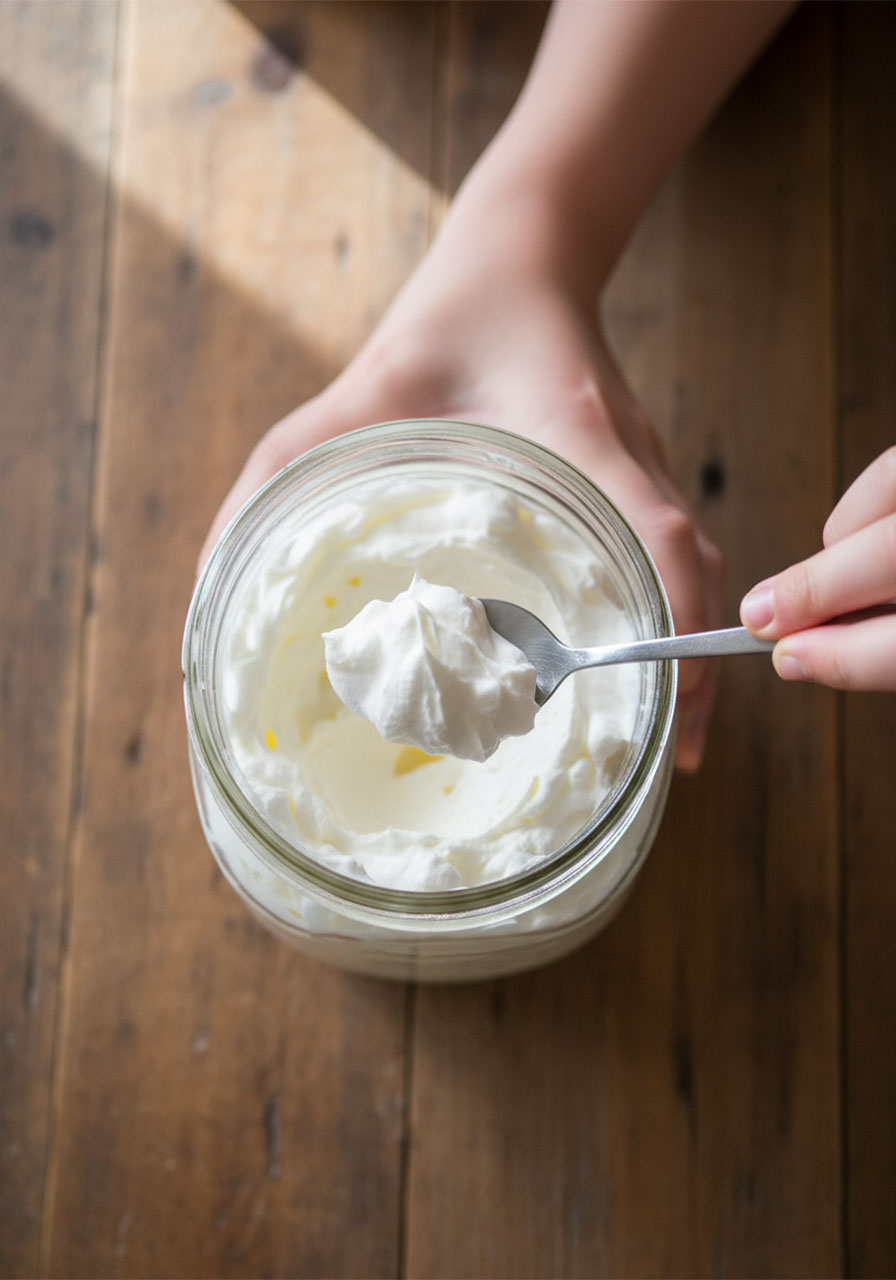 Overhead view of whipped cream stage in mason jar during butter-making experiment showing fluffy texture before becoming butter