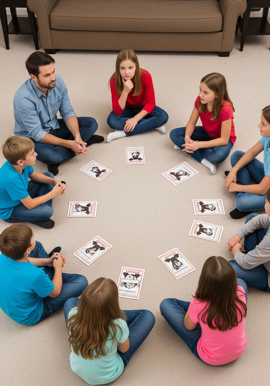Kids playing wink murderer detective mystery game in circle - dramatic indoor party game for children