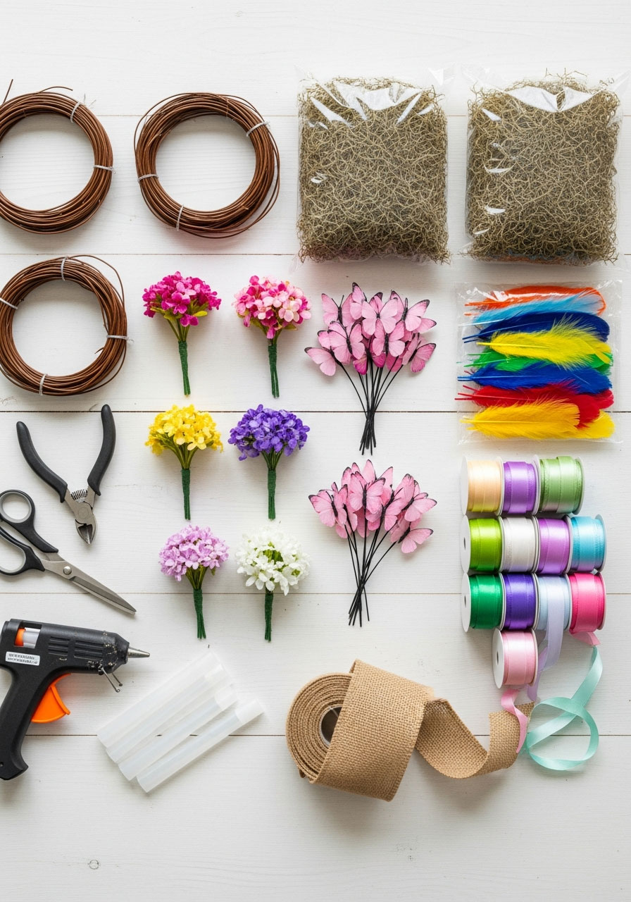 Complete craft supplies for making 12 DIY woodland fairy crowns including wire flowers moss ribbon and embellishments