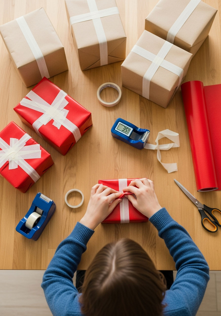 Teen speed-wrapping presents in Wrap It Up minute to win it challenge