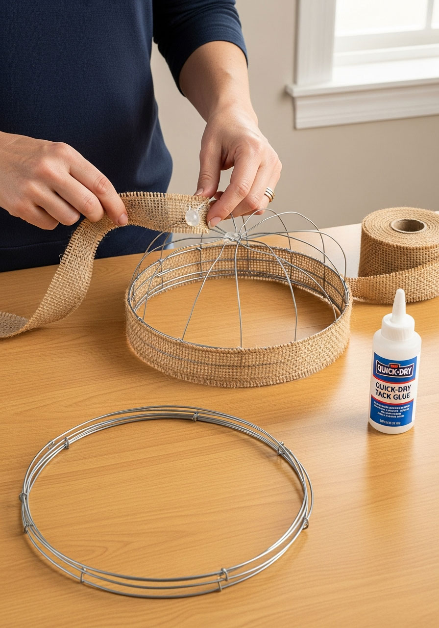 Step-by-step process wrapping natural burlap ribbon around grapevine wire to create woodland fairy crown base