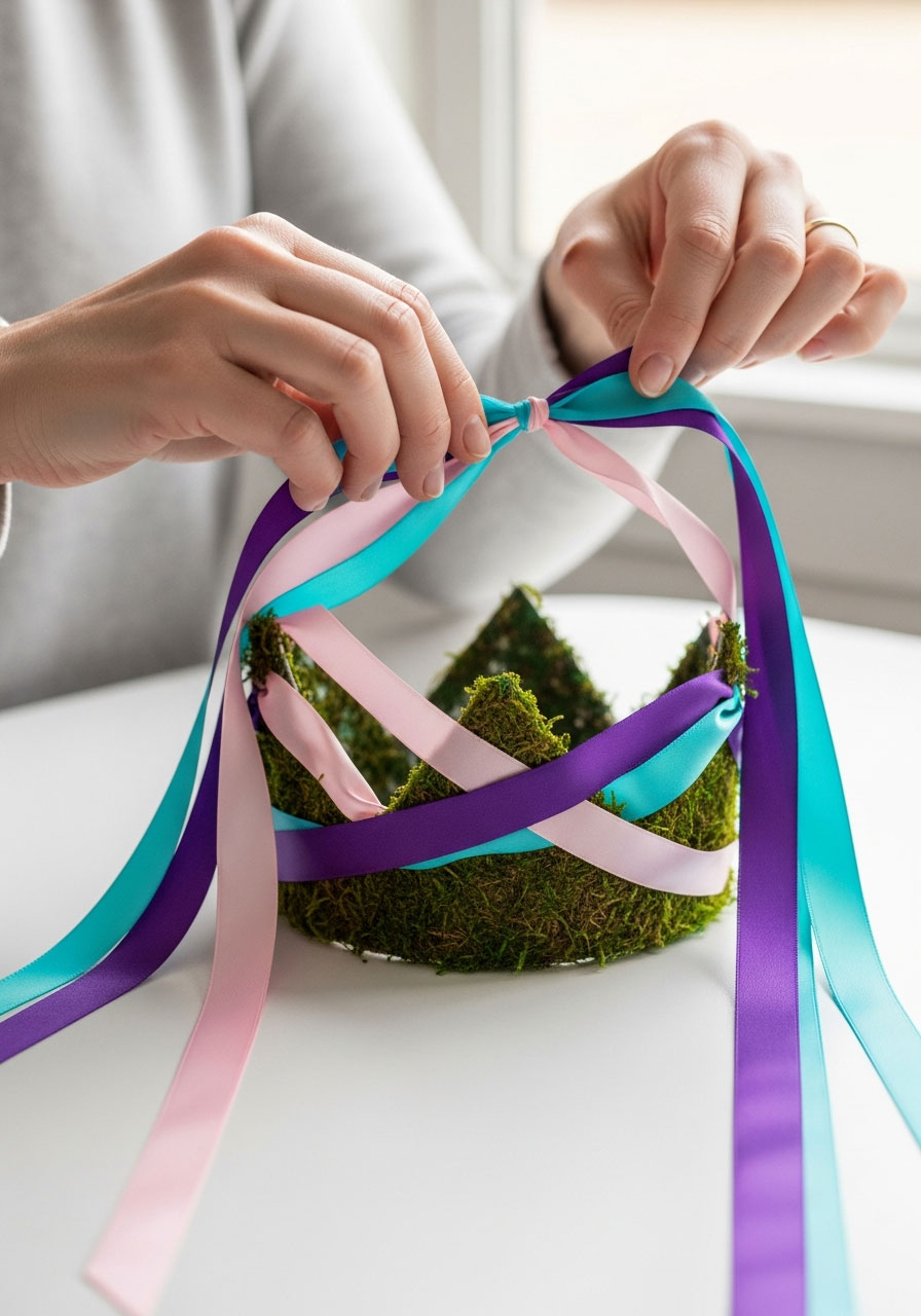 Three colorful satin ribbons wrapped around moss fairy crown with flowing ribbon tails for magical effect