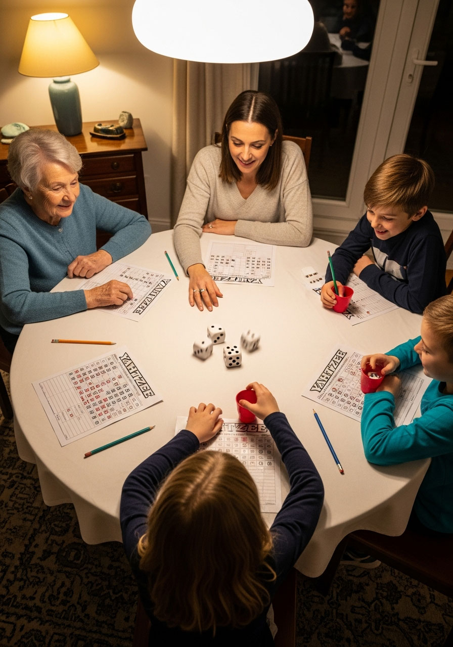 Three generations of family playing classic Yahtzee dice game together at dining table, grandmother and grandchildren enjoying game night bonding