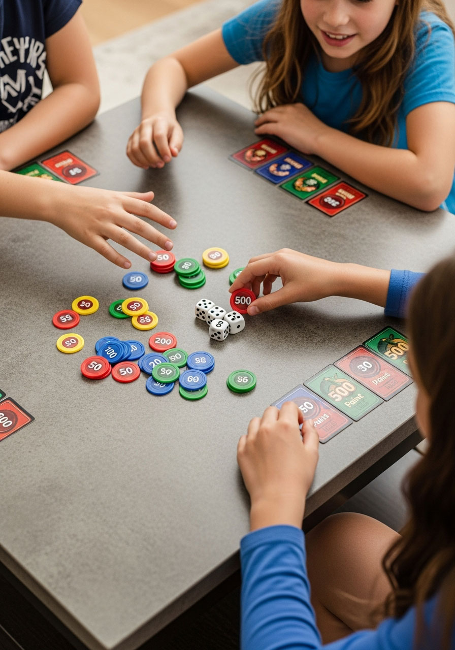 Child grabbing scoring chip during competitive Yamslam dice game with five dice showing four of a kind and limited chips remaining
