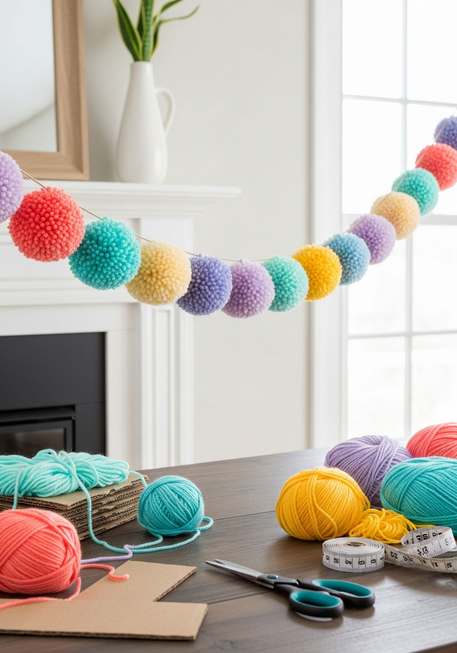 Yarn pom pom garland DIY party decoration with colorful fluffy pompoms hanging on twine for cheap birthday decor