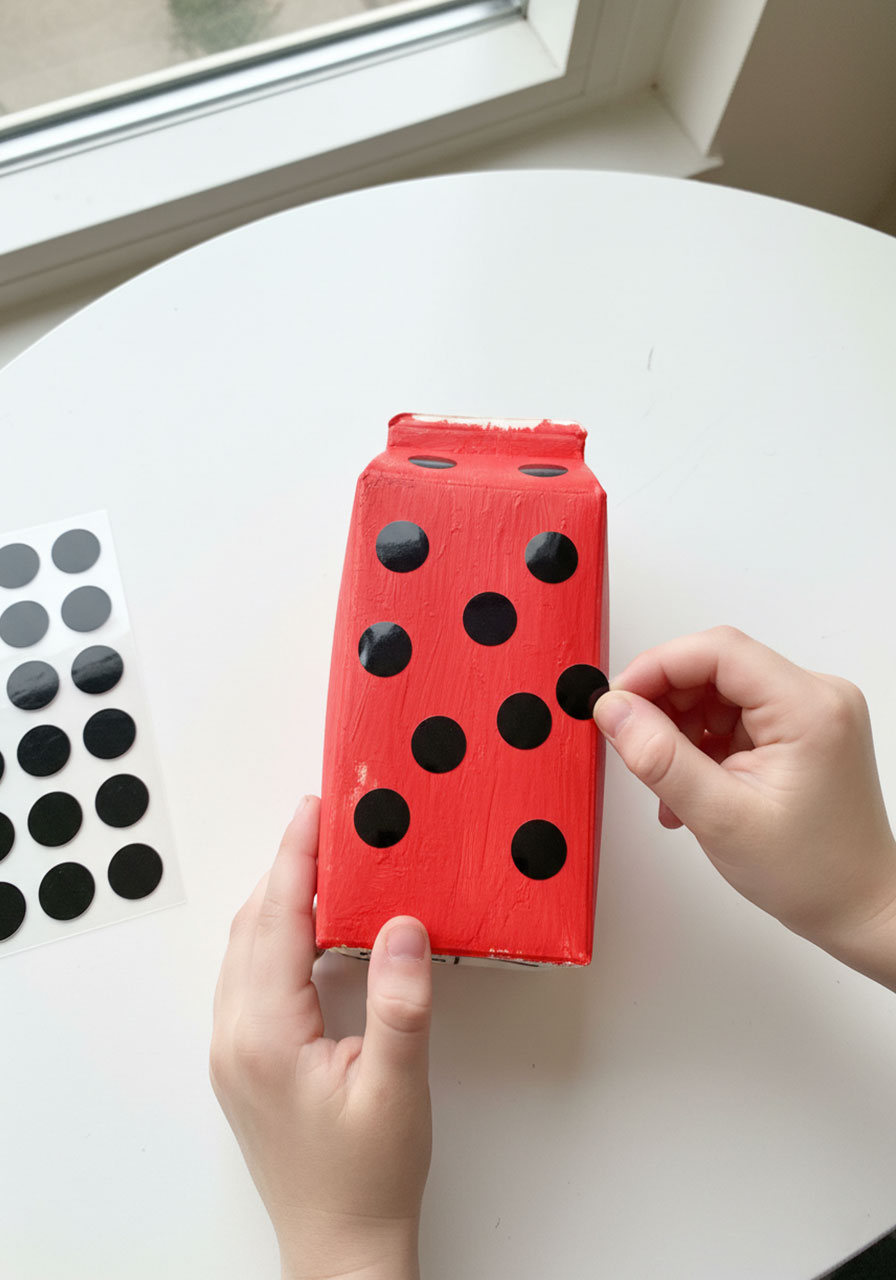 Child's hands adding black circular dot stickers to red painted milk carton to create ladybug pattern for bug hotel
