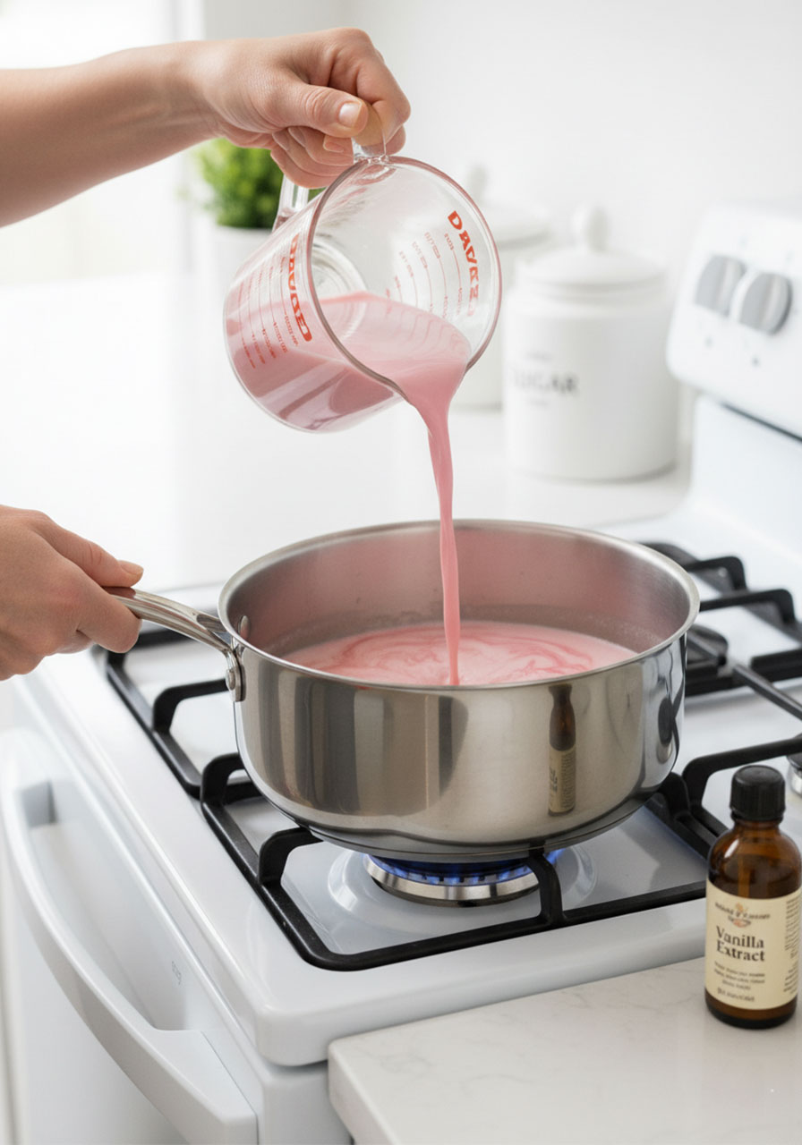 Pouring strawberry milk into melted white chocolate mixture to create pink hot chocolate for Valentine's Day