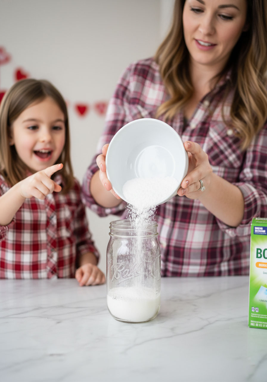 Adult supervising child while adding borax powder to jar for safe Valentine science experiment demonstrating proper handling