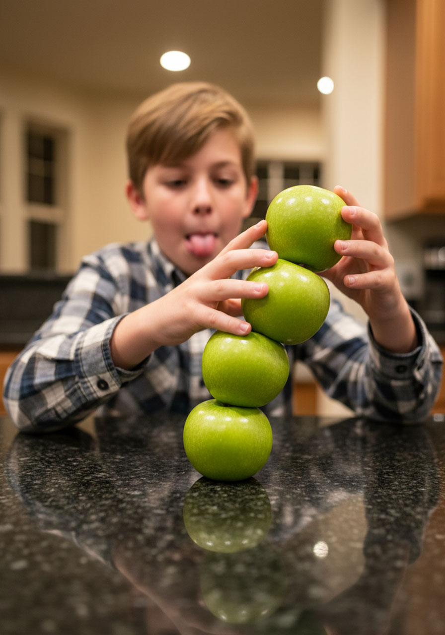 Boy carefully stacking four lumpy apples into a tower during the Apple Stack Attack Minute to Win It game.