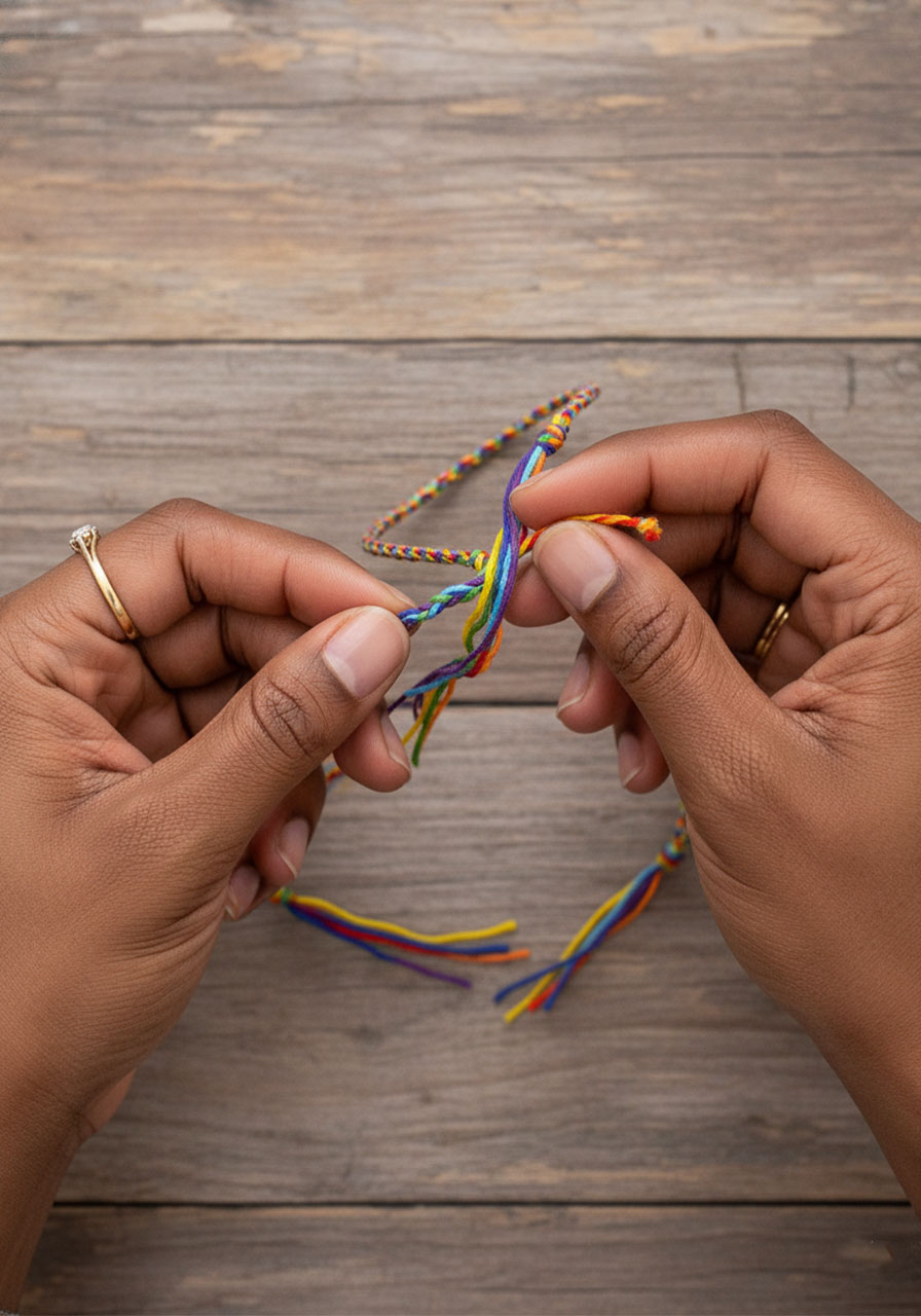 Positioning loose embroidery floss cords between two braided sections for adjustable bracelet closure