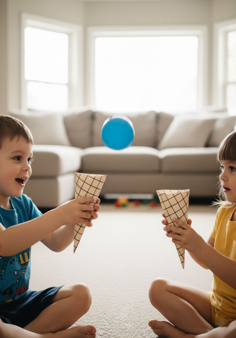 Blue ball mid-transfer between two paper ice cream cones showing active sharing moment in preschool game