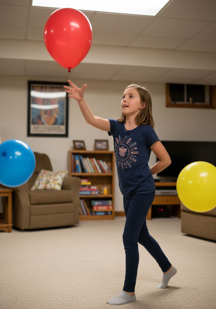Girl playing Balloon Keep-Up, using one hand to keep three balloons aloft during a 60-second family challenge.