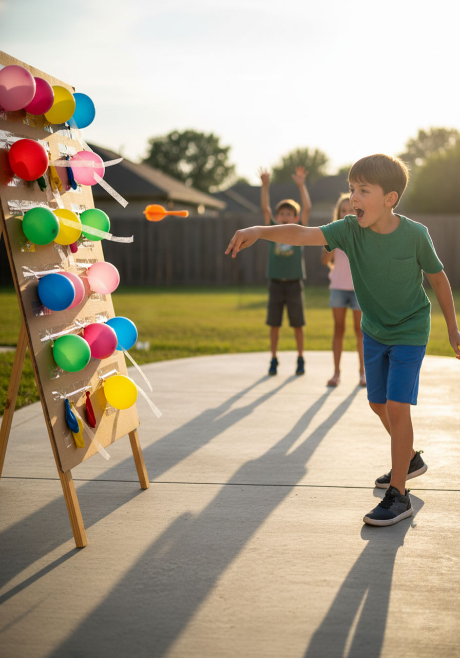Foam dart frozen mid-flight toward colorful balloons on cardboard board with excited child thrower and popped balloon remnants visible
