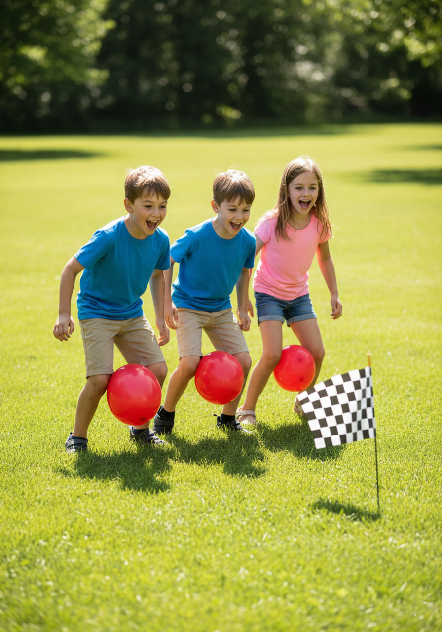 Two children waddling in a race with balloons between their knees during a backyard Balloon Waddle race.