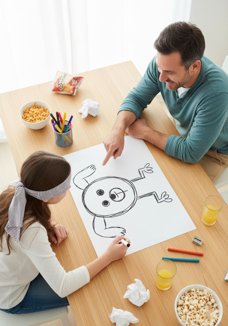 Overhead view of a blindfolded teen drawing a funny picture based on team instructions in Blindfolded Masterpiece.