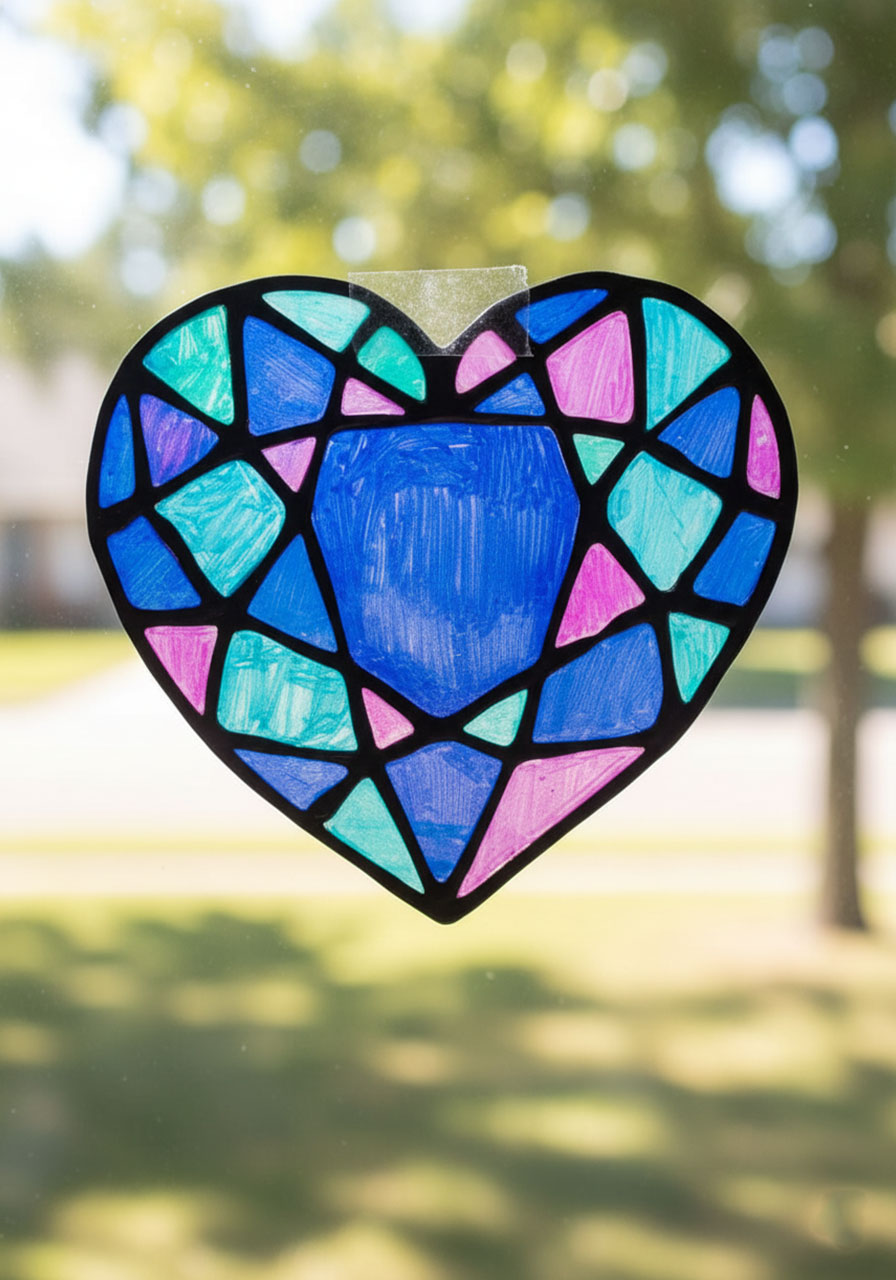 Close-up of blue stained glass heart suncatcher backlit by sunlight on window showing translucent glowing colors