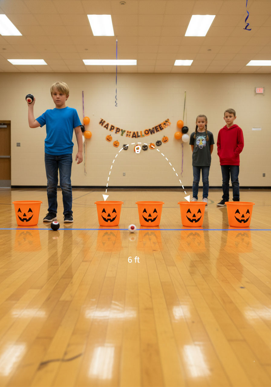 Bozo Buckets throwing game setup with Halloween pumpkin buckets and child throwing eyeball - easy elementary school party game