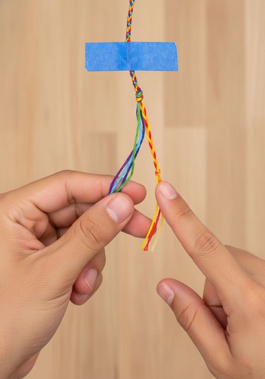 Creating three-strand braid with embroidery floss for cardboard loom bracelet adjustable closure