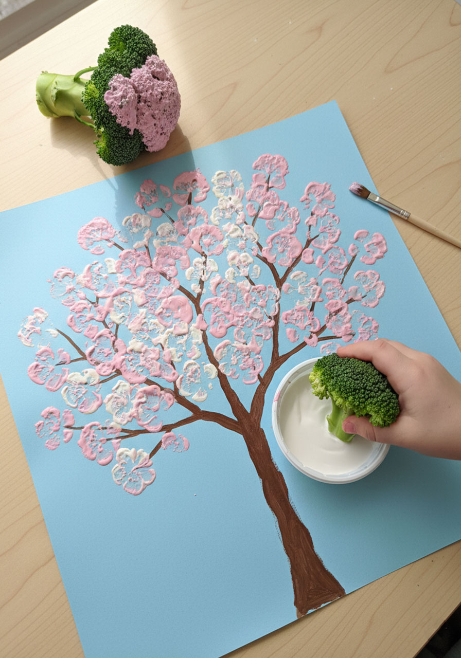 Child stamping broccoli florets dipped in pink paint to create cherry blossom tree for creative spring art project
