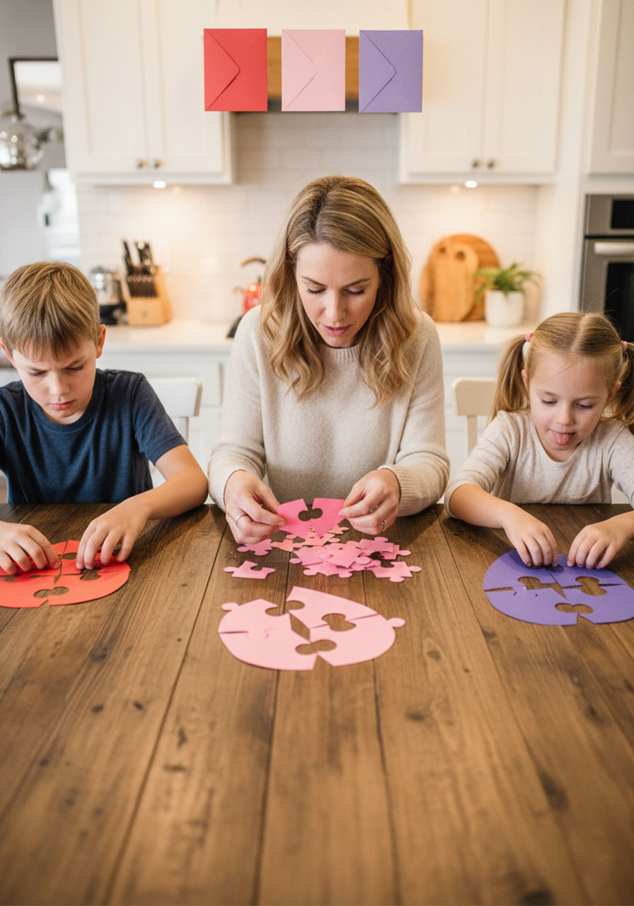 Three players racing to complete heart-shaped puzzles cut from construction paper at Valentine party