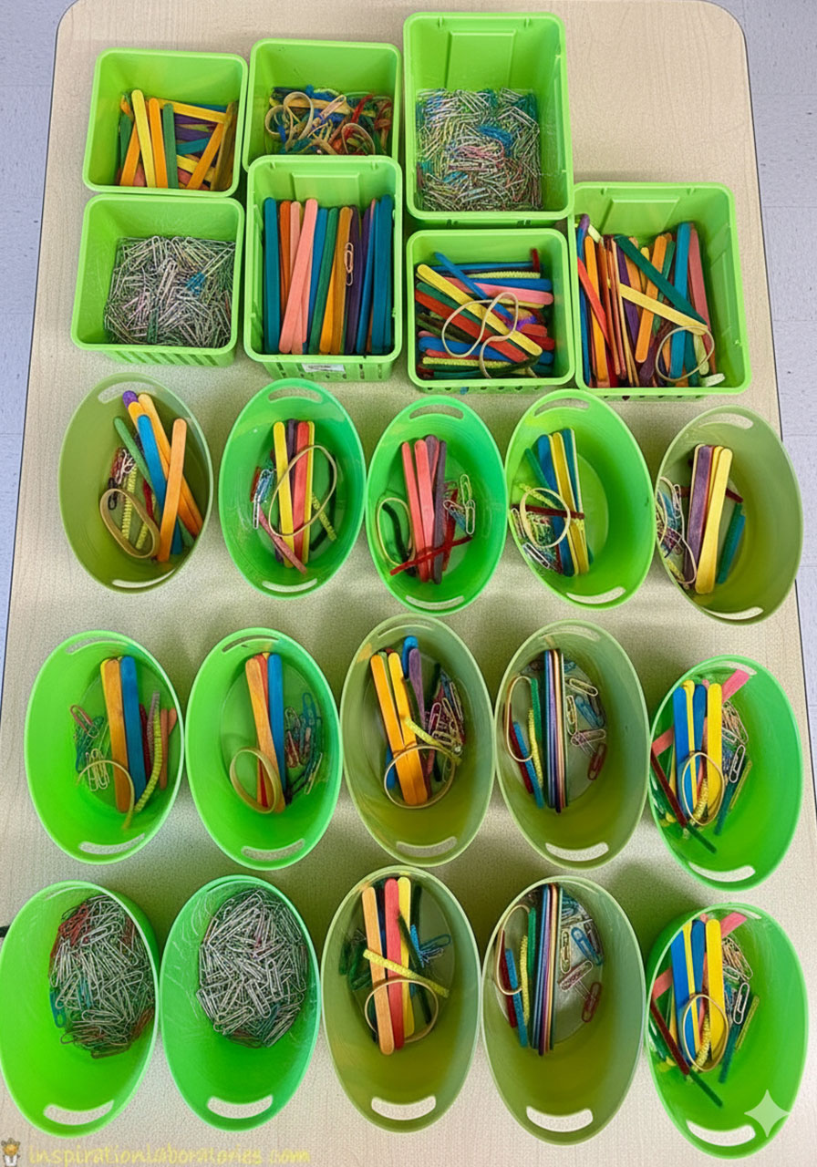 Organized craft materials in green bins including craft sticks, pipe cleaners, paper clips and rubber bands for build a name STEM activity in classroom
