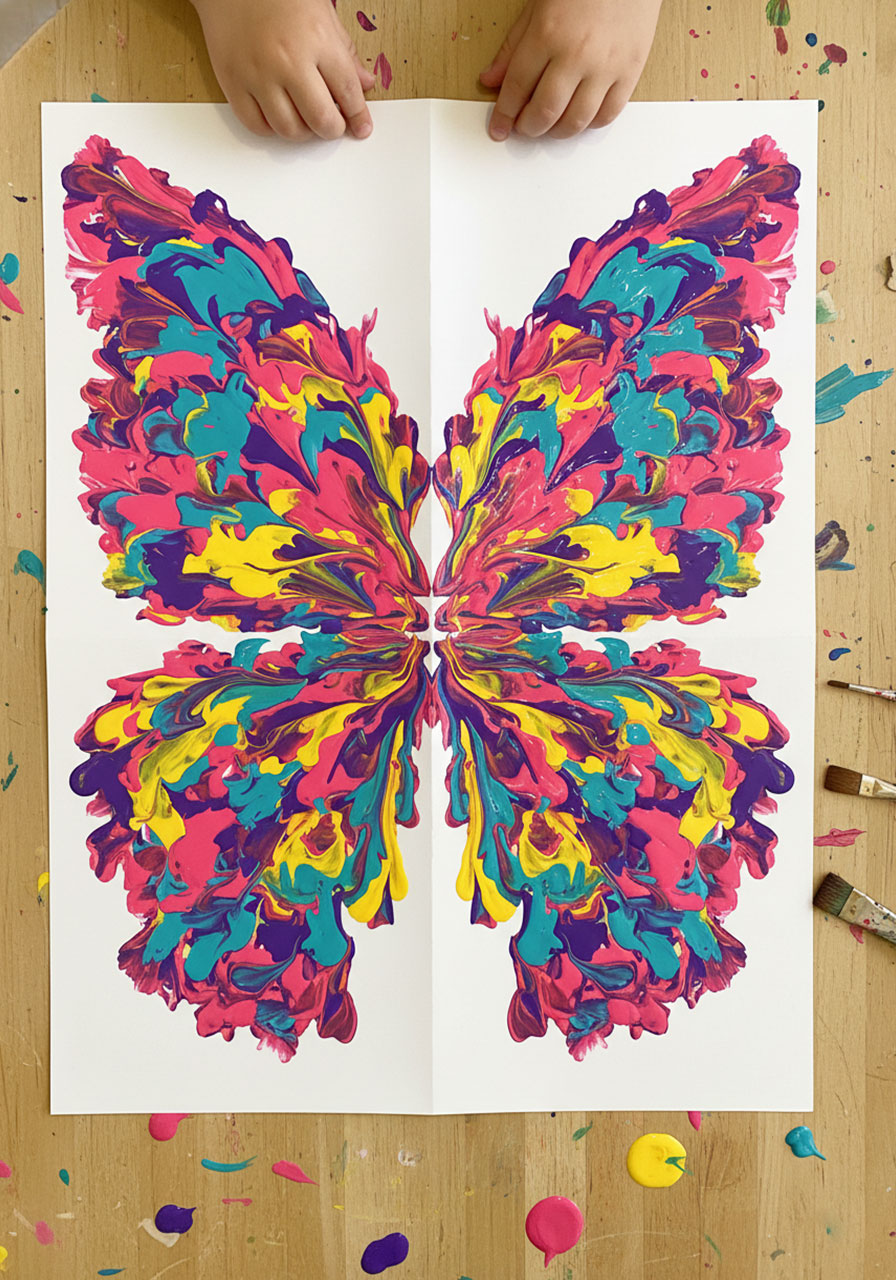 Colorful symmetrical butterfly wing painting created by folding paper technique showing mirror image paint transfer