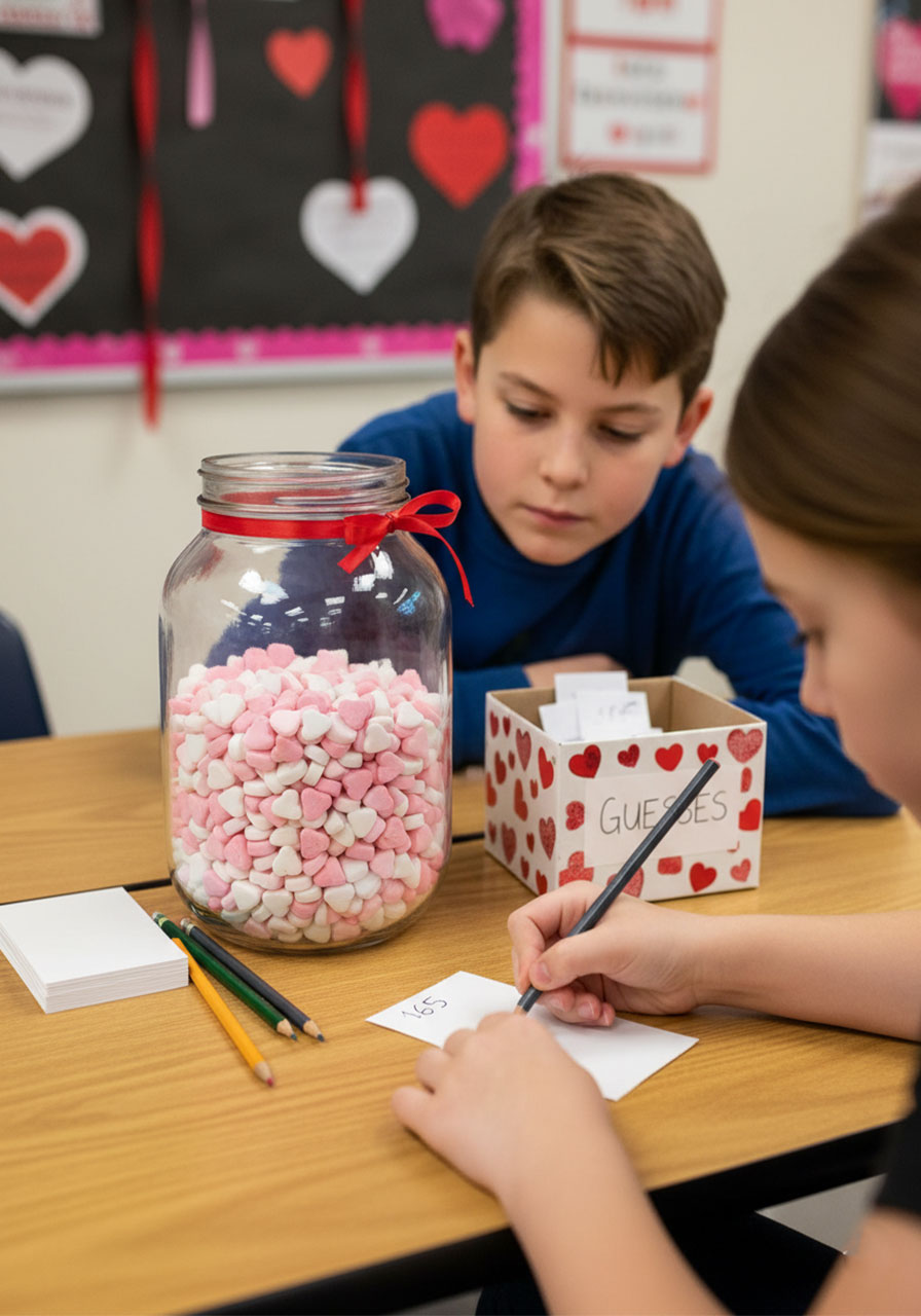 Clear glass jar filled with pink and white conversation hearts for Valentine's Day candy guessing game with students writing their guesses on paper slips