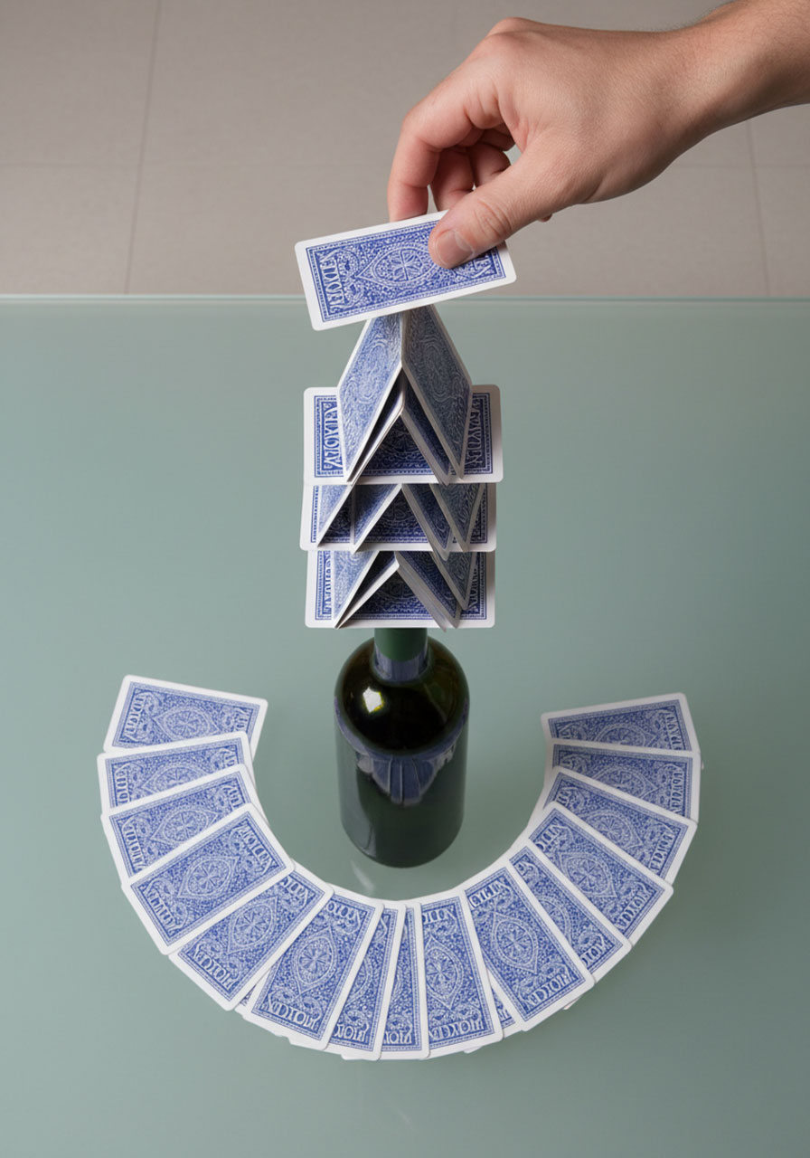 Overhead view of a delicate tower of playing cards balanced on a bottle, with a hand dropping another card in the Card Drop game.